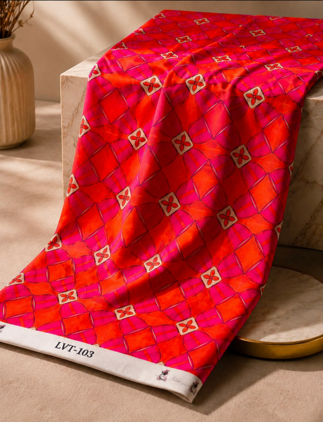 2026/07/1000061038.png geometric floral pattern in vibrant orange, fuchsia pink, ivory, and soft red tones-Italian Chiffon (CF01) - Image 1