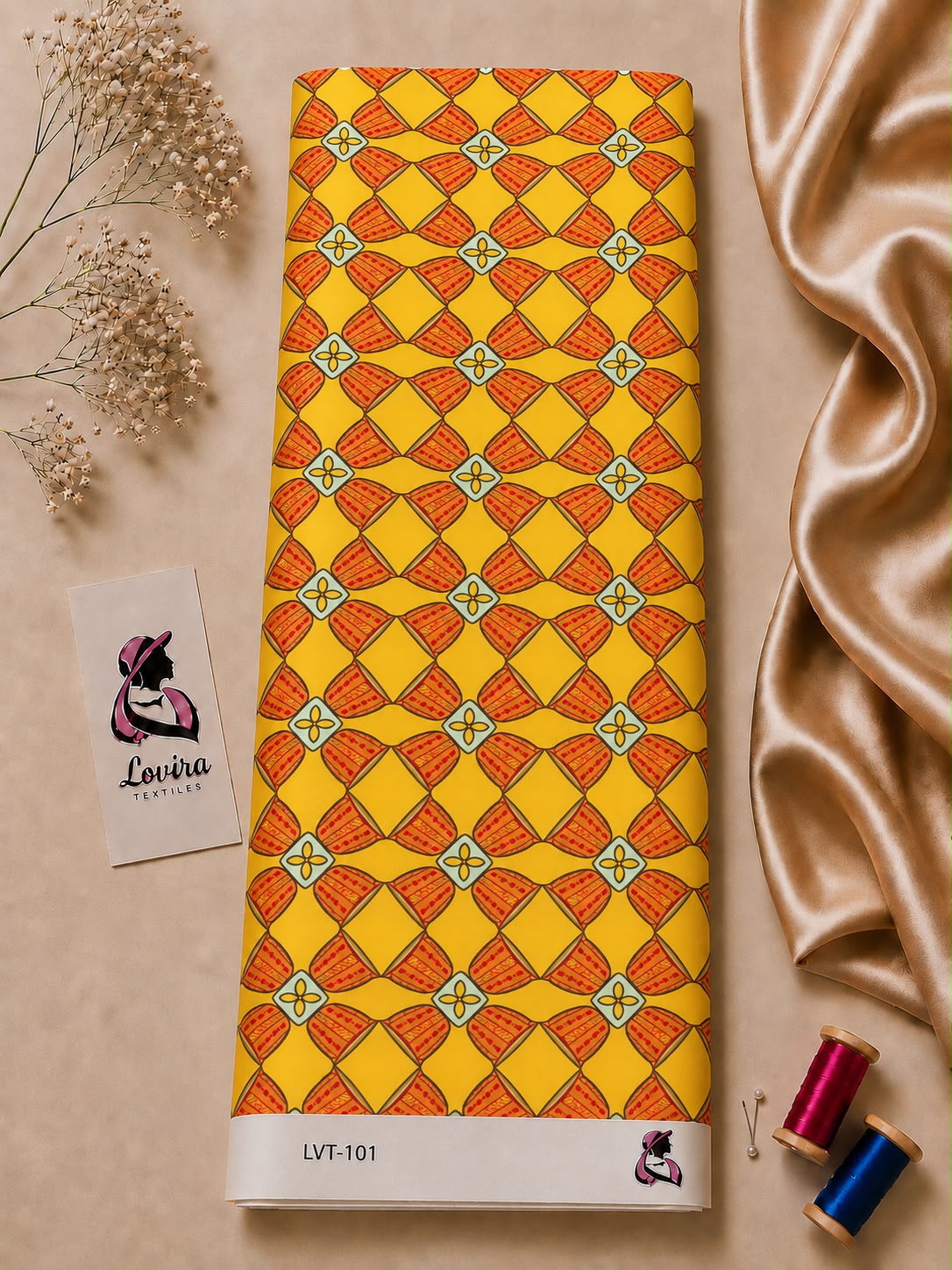 10f93215-0d8d-43a5-968b-0505f84bc692 Geometric retro print featuring warm yellow, orange, and blue motifs in a bold repeating pattern with a vintage-inspired style- Italian Silk (ST01) - Image 1