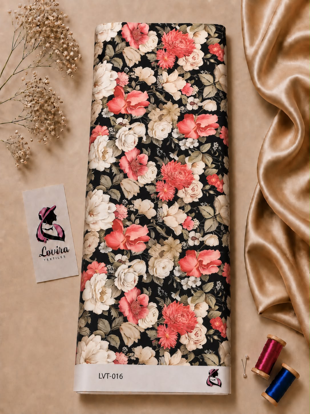 1aafb564-139d-4b0d-ad6c-852b2e9368db Elegant floral print on a black background with soft ivory and coral blooms-Italian Silk (ST01) - Image 1