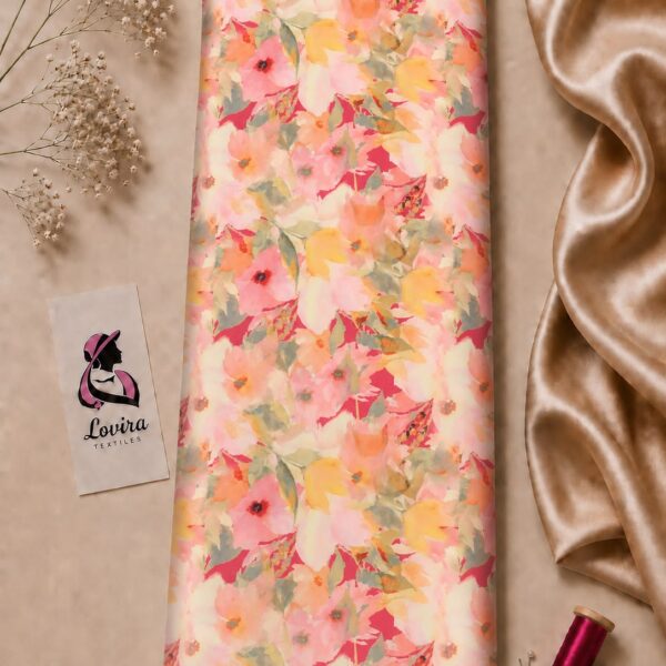 Soft watercolor floral print in pastel pink, peach, and yellow tones-Italian Silk (ST01)