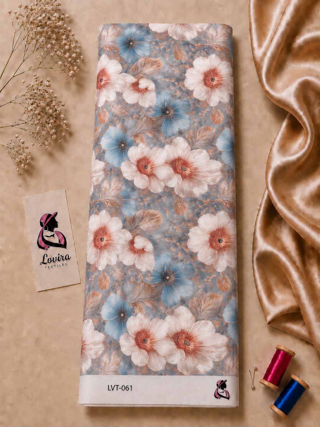 33c88068-b9dd-4ac5-9640-74d2ce9abd54 Elegant floral print in soft ivory, dusty blue, and blush tones-Italian Silk (ST01) - Image 1