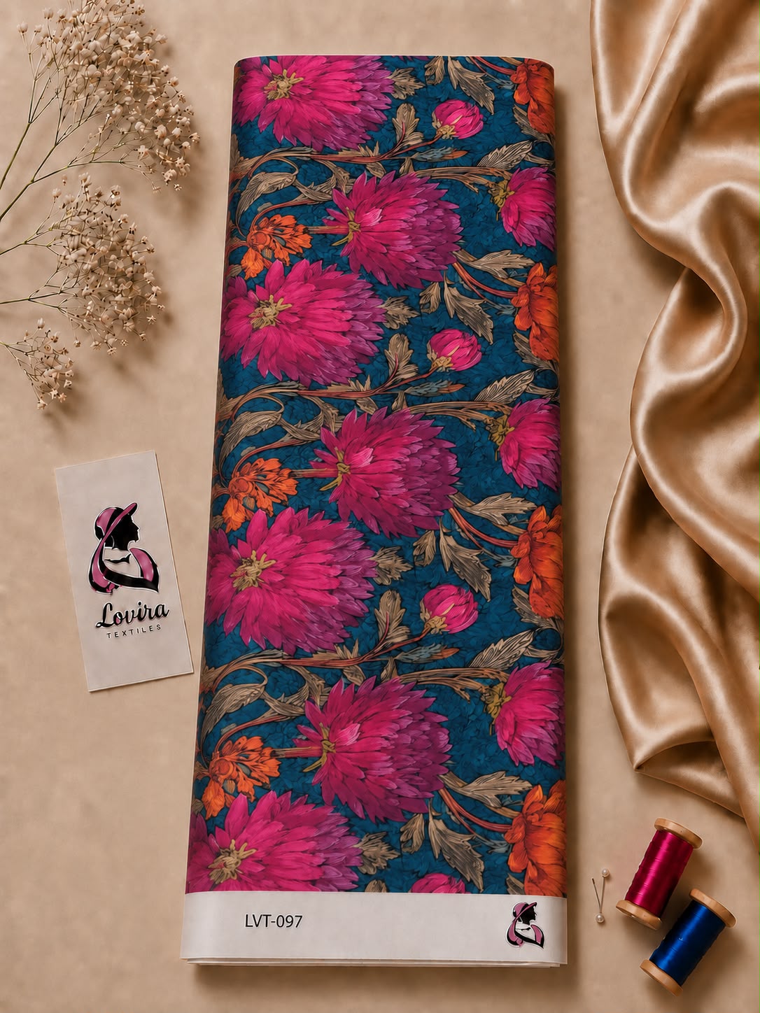 3d259677-ba34-4bab-84bb-8a685891c975 Bold floral print with vibrant magenta blooms, warm orange accents, and a deep teal background-Italian Silk (ST01) - Image 1