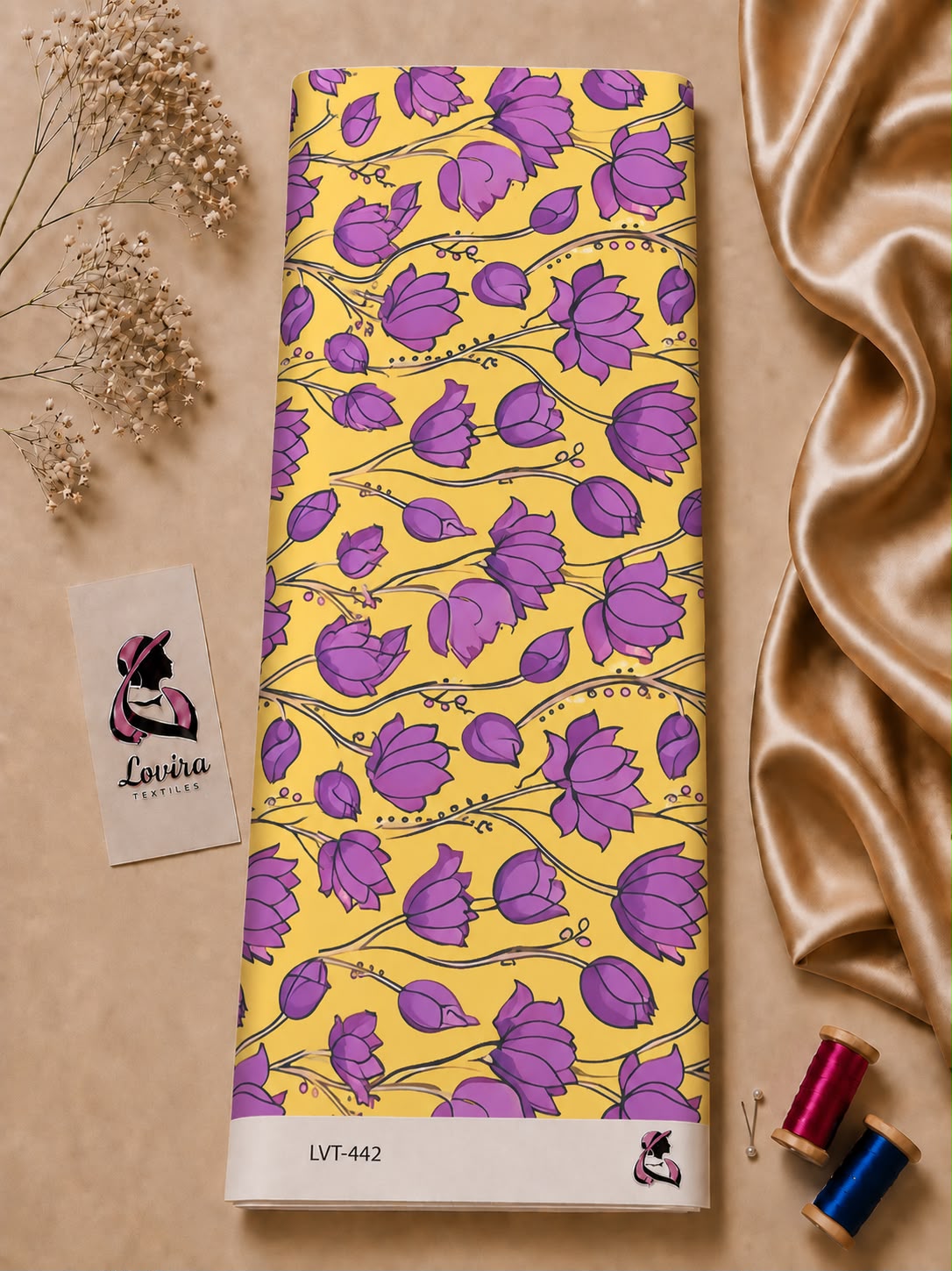 57c70ea2-3680-4527-8cfc-8acddc3cc265 Playful floral print with purple blossoms on a warm golden yellow background- Italian Silk (ST01) - الصورة 1