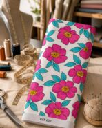 Bold pink floral design with turquoise leaves on an ivory background