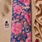 Elegant floral print with soft pink blossoms on a rich deep blue background-Italian Silk (ST01)