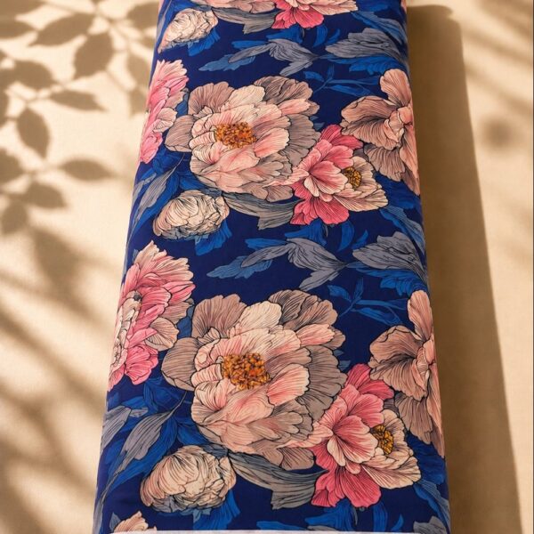Large floral design in royal blue, blush pink, dusty rose, taupe, and slate blue-Italian Cotton (PC02)