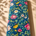 Delicate floral vine design in deep teal blue, pink, white, yellow, and leafy green-Italian Cotton ( PC02)