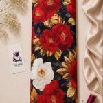 Bold floral design in crimson red, ivory, golden beige, charcoal black, and warm brown-Italian Silk (ST01)