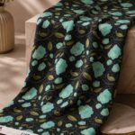 Turquoise floral design with olive leaves on a deep navy background-Italian Chiffon (CF01)