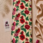 Elegant red floral design with lush green leaves on a warm cream background-Italian Silk (ST01)