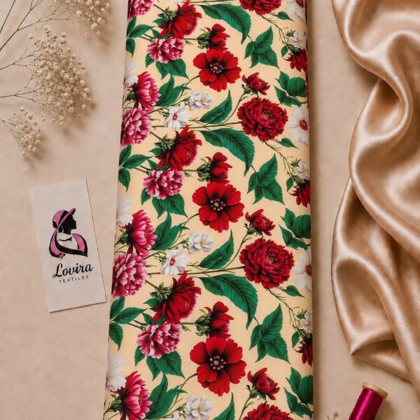 Elegant red floral design with lush green leaves on a warm cream background-Italian Silk (ST01)