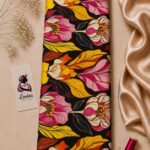 Bold retro floral design with vibrant pink blooms and golden leaves on a black background-Italian Silk (ST01)