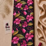 Elegant pink floral design with olive green leaves on a deep navy background-Italian Silk (ST01)