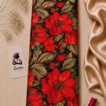 Bold scarlet-red floral design with layered olive and sage green foliage on a deep black background-Italian Silk (ST01)