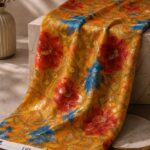 Golden floral design with red and blue blooms on a shimmering gold background-Italian Chiffon Zari (ZR16)