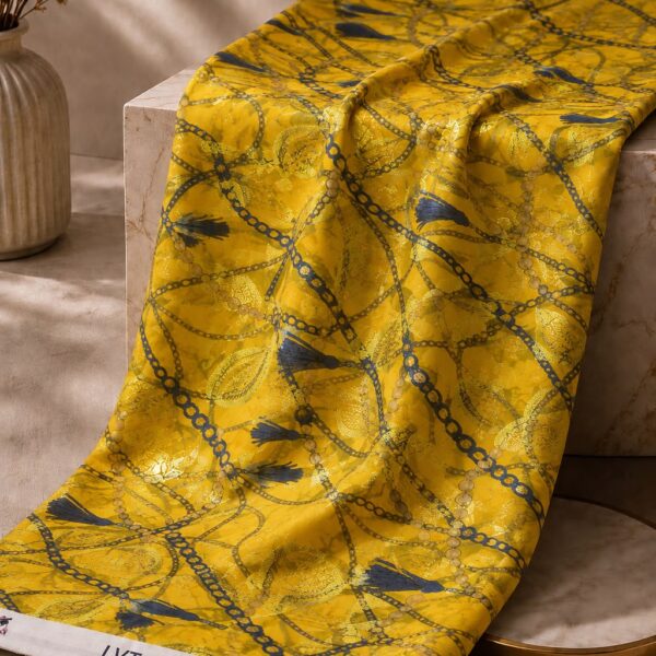 Yellow chain print with navy chain motifs on a vibrant mustard yellow background-Italian Chiffon Zari (ZR16)