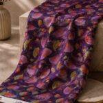 Vibrant fan-inspired pattern with gold accents on a royal purple background-Italian Chiffon Zari (ZR16)