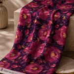 Rich magenta floral design with metallic gold accents on a deep plum background-Italian Chiffon Zari (ZR16)