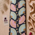 Japanese fan print on a black polka dot background- Silk Jacquard (JD02)