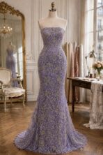 French embroidered lace in soft lavender with shimmering sequins, beads, and crystals