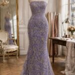 French embroidered lace in soft lavender with shimmering sequins, beads, and crystals
