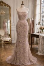 French embroidered lace in a soft blush nude tone with sequins, beads, and crystals