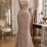 French embroidered lace in a soft blush nude tone with sequins, beads, and crystals