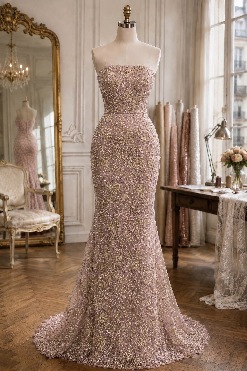WhatsApp Image 2026-07-29 at 3.13.48 AM French embroidered lace in a soft blush nude tone with sequins, beads, and crystals - Image 1