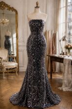 French luxury sequin lace in black with shimmering all-over sequins and crystal embellishments
