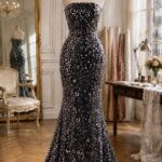 French luxury sequin lace in black with shimmering all-over sequins and crystal embellishments