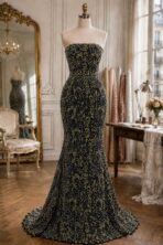 Luxury French beaded embroidered lace with intricate floral motifs, sequins, beads, and crystals on a sheer black mesh base