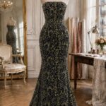 Luxury French beaded embroidered lace with intricate floral motifs, sequins, beads, and crystals on a sheer black mesh base