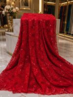 ⁦Luxury French floral embroidered lace with sequins, beads, and crystals on a sheer mesh base⁩ - الصورة ⁦2⁩