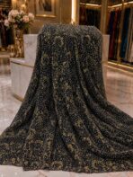 Luxury French beaded embroidered lace with intricate floral motifs, sequins, beads, and crystals on a sheer black mesh base - Image 3