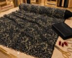 Luxury French beaded embroidered lace with intricate floral motifs, sequins, beads, and crystals on a sheer black mesh base - Image 2