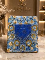 Ready-made embroidered Cotton fabric featuring elegant blue floral prints with luxurious gold and silver embroidery-Libirty Cotton
