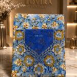 Ready-made embroidered Cotton fabric featuring elegant blue floral prints with luxurious gold and silver embroidery-Libirty Cotton