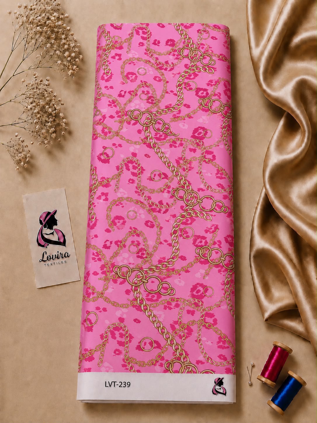 092174b6-be1b-46f4-9fd1-a0fe1f514c39 Luxury gold chain print on a vibrant pink background with elegant decorative accents-Italian Silk (ST01) - Image 1