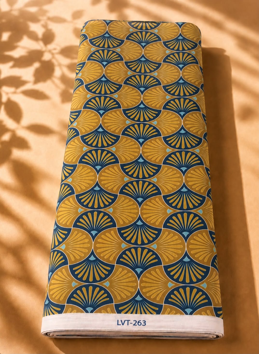 2026/08/1000054213.jpg Geometric fan pattern in mustard gold and navy blue with a bold Art Deco-inspired design-Spanish Cotton (PC11) - Image 1