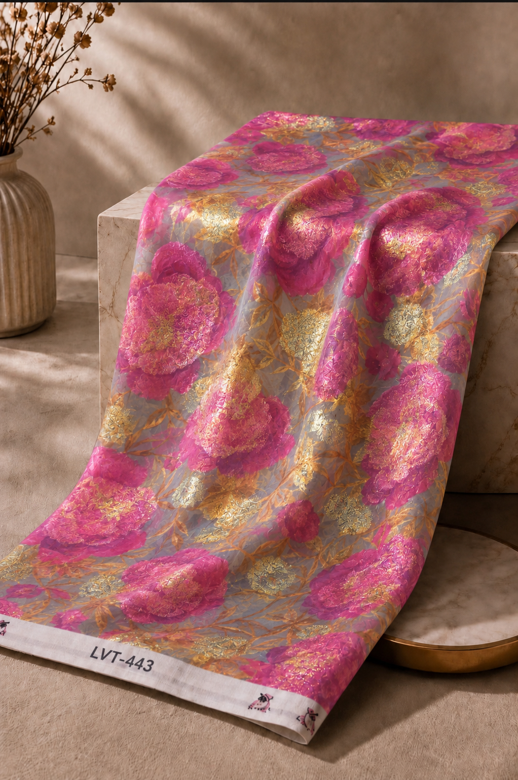 2026/08/1000054398.png Light gray chiffon zari fabric featuring vibrant pink floral blooms with shimmering gold accents for a graceful, luxurious look-Italian Chiffon Zari (ZR16) - Image 1