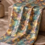 Turquoise chiffon zari fabric featuring an abstract floral pattern with shimmering gold accents for a vibrant, artistic look-Italian Chiffon Zari (ZR16)