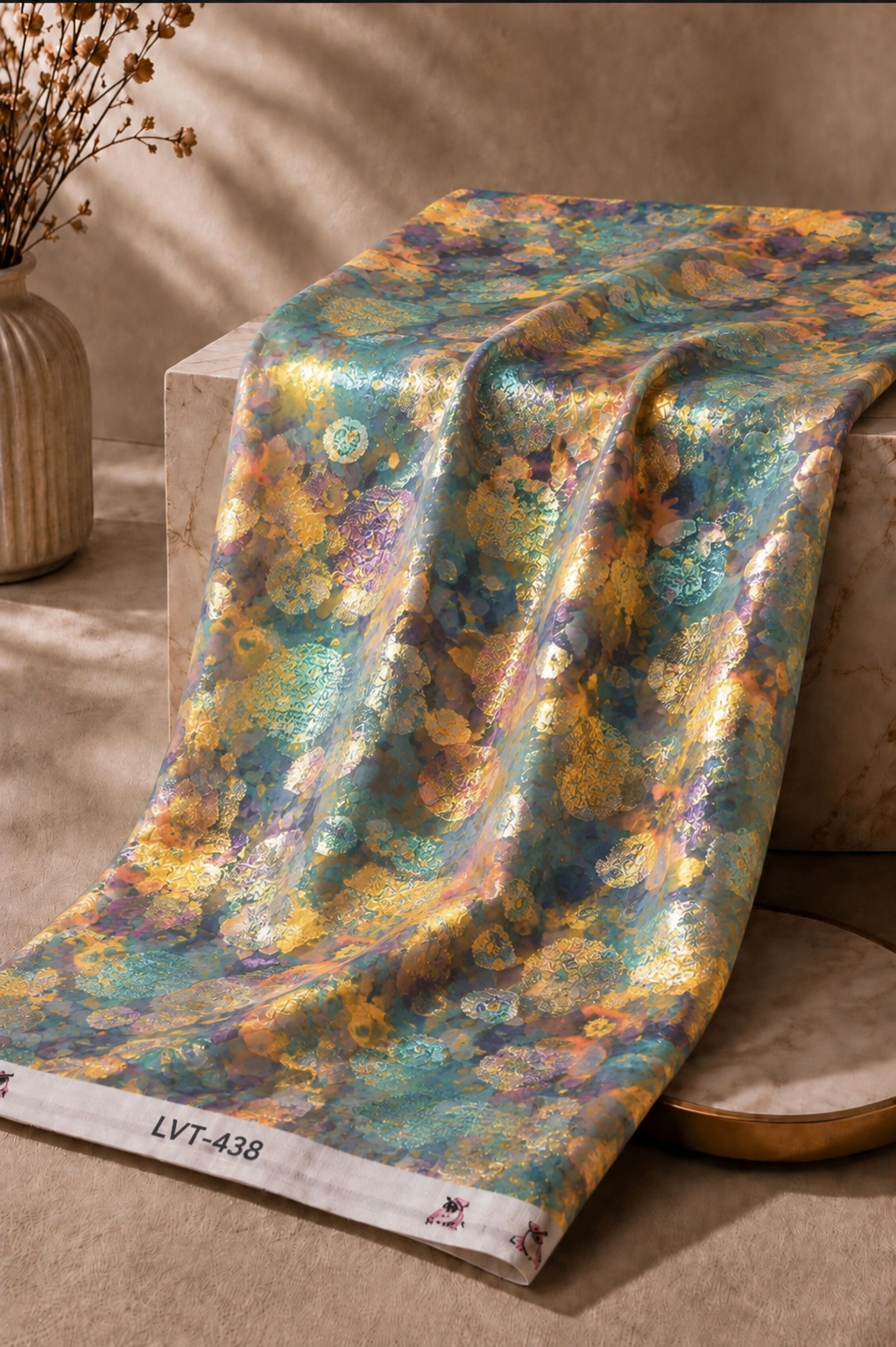 2026/08/1000054399.png Turquoise chiffon zari fabric featuring an abstract floral pattern with shimmering gold accents for a vibrant, artistic look-Italian Chiffon Zari (ZR16) - Image 1