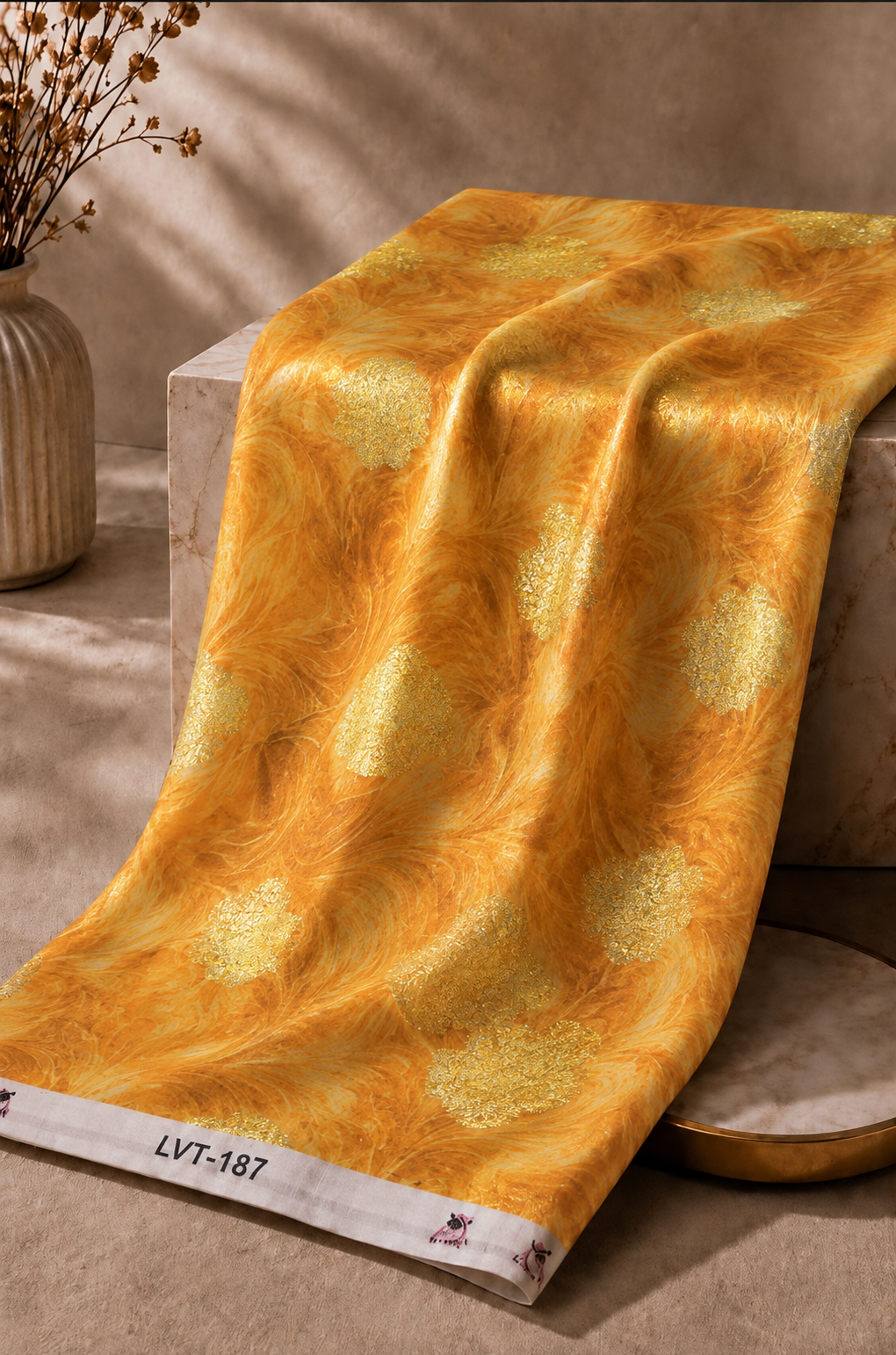 2026/08/1000054401-2.png Golden yellow chiffon zari fabric featuring flowing abstract textures with shimmering gold accents for a warm, elegant look-Italian Chiffon Zari (ZR16) - Image 1