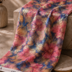 Luxurious chiffon zari fabric with vibrant pink florals, shimmering gold accents, and a rich royal blue background-Italian Chiffon Zari (ZR16)