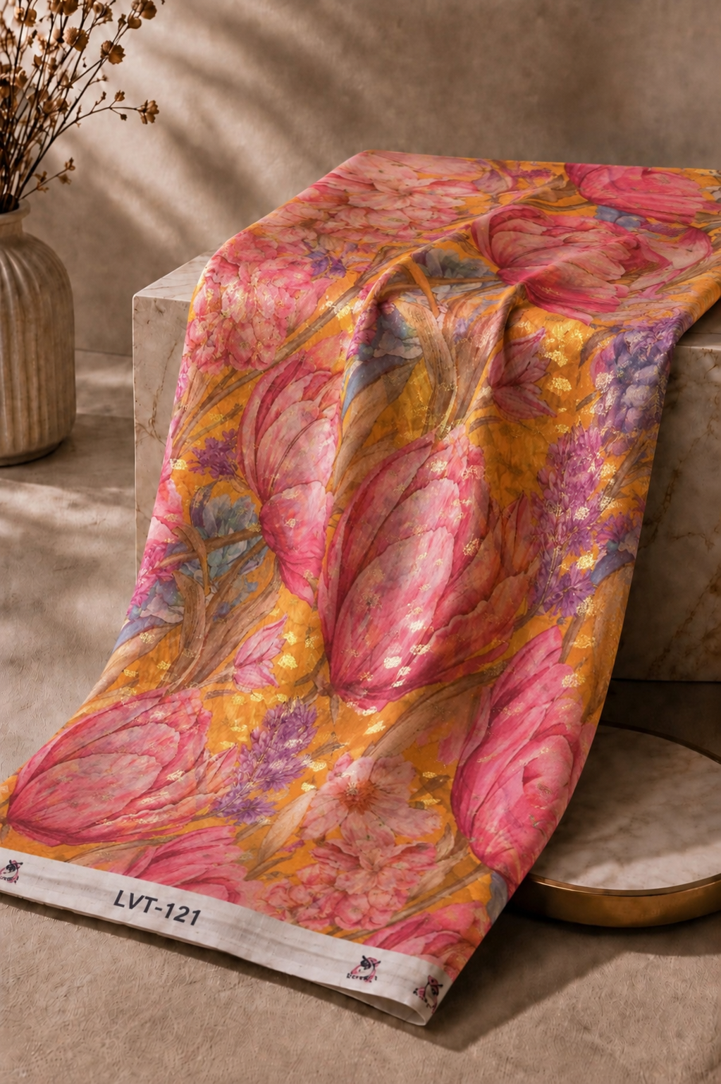 2026/08/1000054458.png Luxurious chiffon zari fabric with large pink florals, soft lavender accents, and shimmering gold details on a warm golden background-Italian Chiffon Zari (ZR16) - Image 1