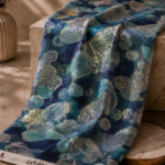 Blue chiffon zari fabric featuring abstract botanical motifs with shimmering gold accents for a modern, artistic look-Italian Chiffon Zari (ZR16)
