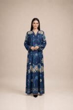 Navy blue abaya featuring elegant beige and blue floral motifs for a graceful, sophisticated look