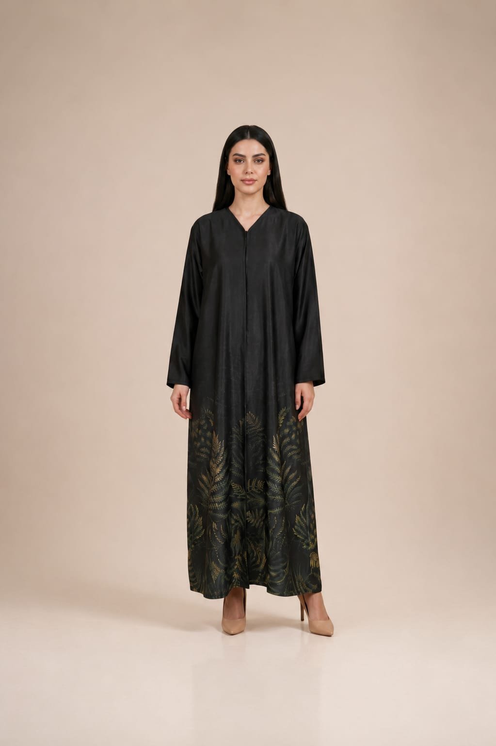 2026/08/1000054571-2.jpg Elegant abaya featuring subtle botanical leaf motifs in deep olive and gold tones, beautifully concentrated along the lower hem. - الصورة 1