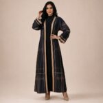 Open-front abaya featuring refined plaid detailing in deep navy and beige tones, finished with elegant contrasting borders
