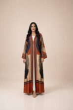 Open-front abaya featuring artistic abstract motifs and intricate geometric borders in warm rust, beige, and deep navy tones